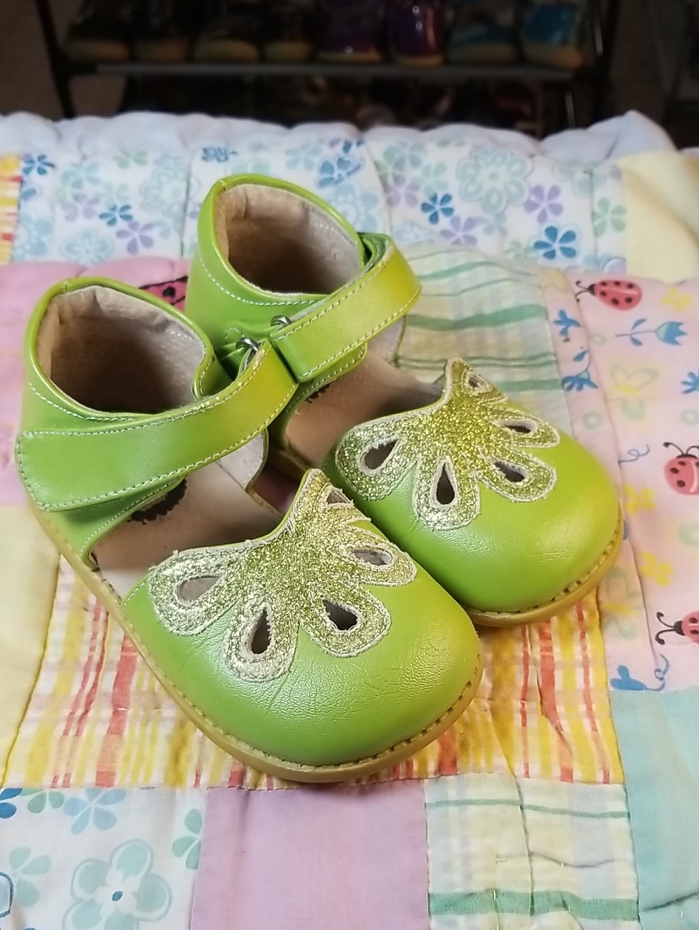 Livie & Luca Lime Green Leather Mary Jane Shoes with Glitter Size 10 Petals